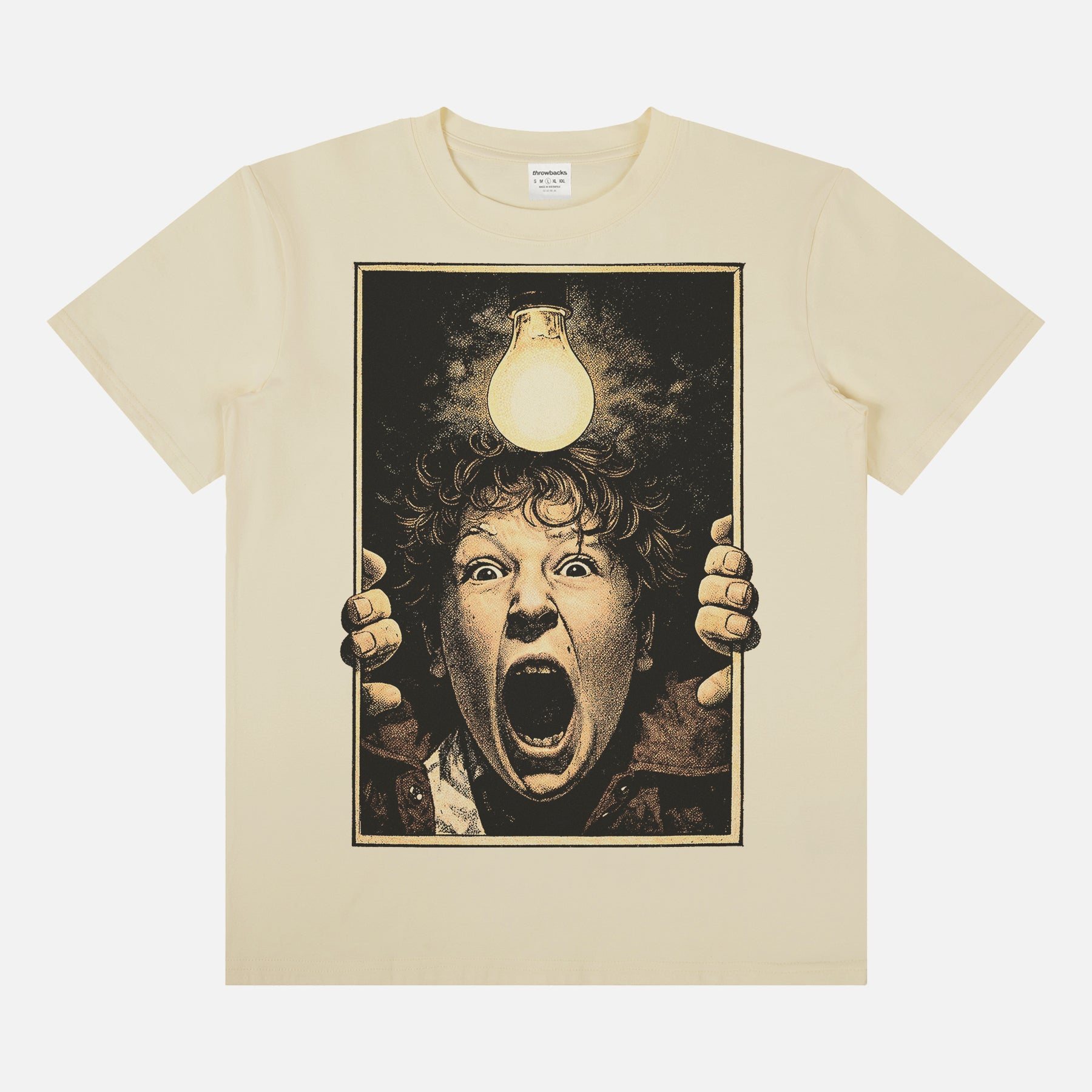 The Goonies movie t-shirt with Chunk in the Freezer scene on a beige graphic tee