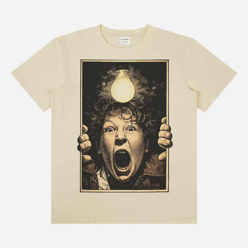 The Goonies movie t-shirt with Chunk in the Freezer scene on a beige graphic tee