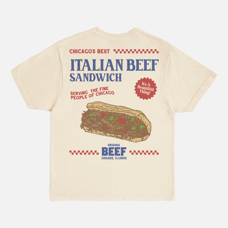 The Bear TV show t-shirt, jeremy allen white fan merch, beige comfort colors retro the original beef of chicagoland restaurant 
