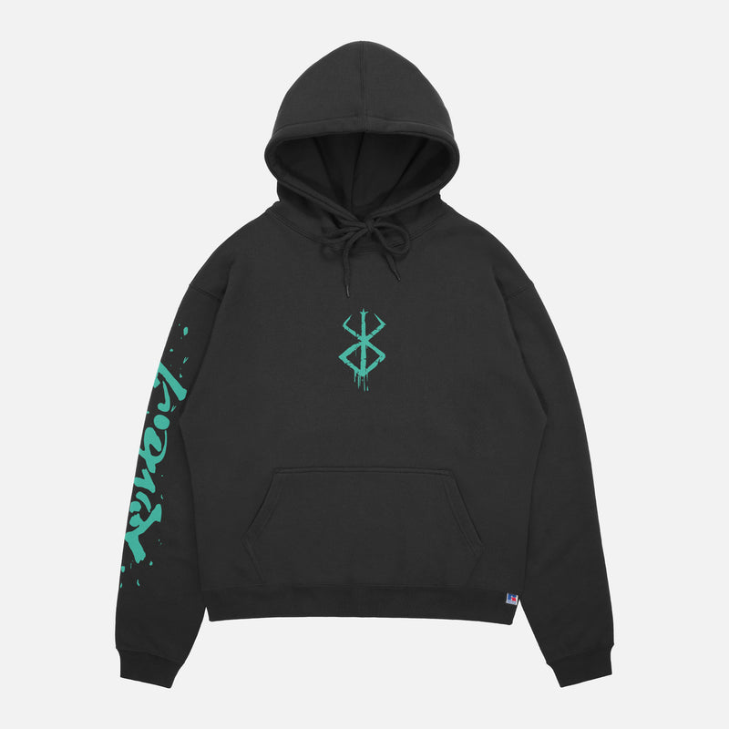 retro Berserk anime streetwear hoodie, black and green Berkserk sweatshirt with front back and sleeve print 