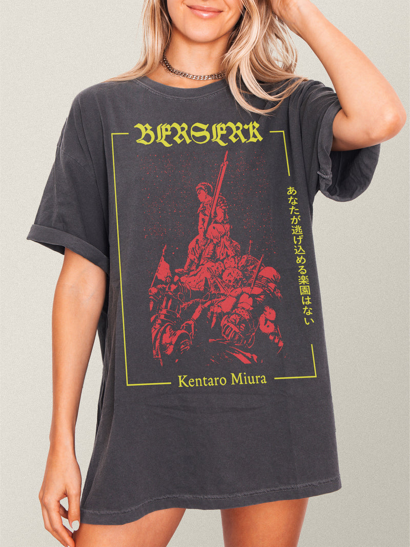 berserk washed black comfort colors anime graphic tee shirt, cute grunge 90s manga tv show streetwear merch t-shirt for sale online at Throwbacks