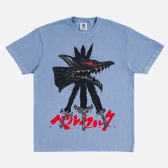 Berserk Beast of Darkness streetwear t-shirt on a faded blue heavyweight anime graphic tee for men and women for sale at Throwbacks
