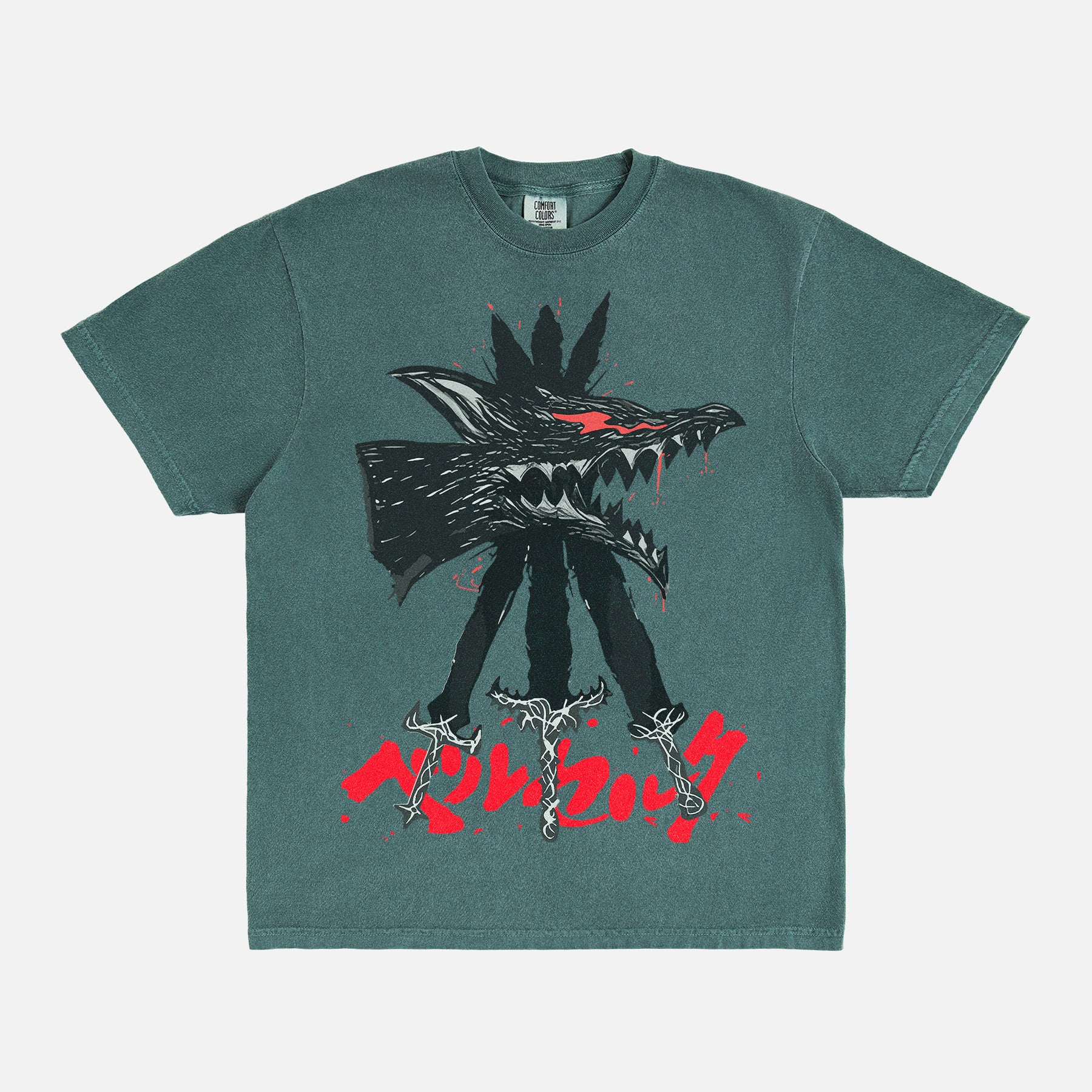 Berserk Beast of Darkness streetwear t-shirt on a faded teal green heavyweight anime graphic tee for men and women for sale at Throwbacks