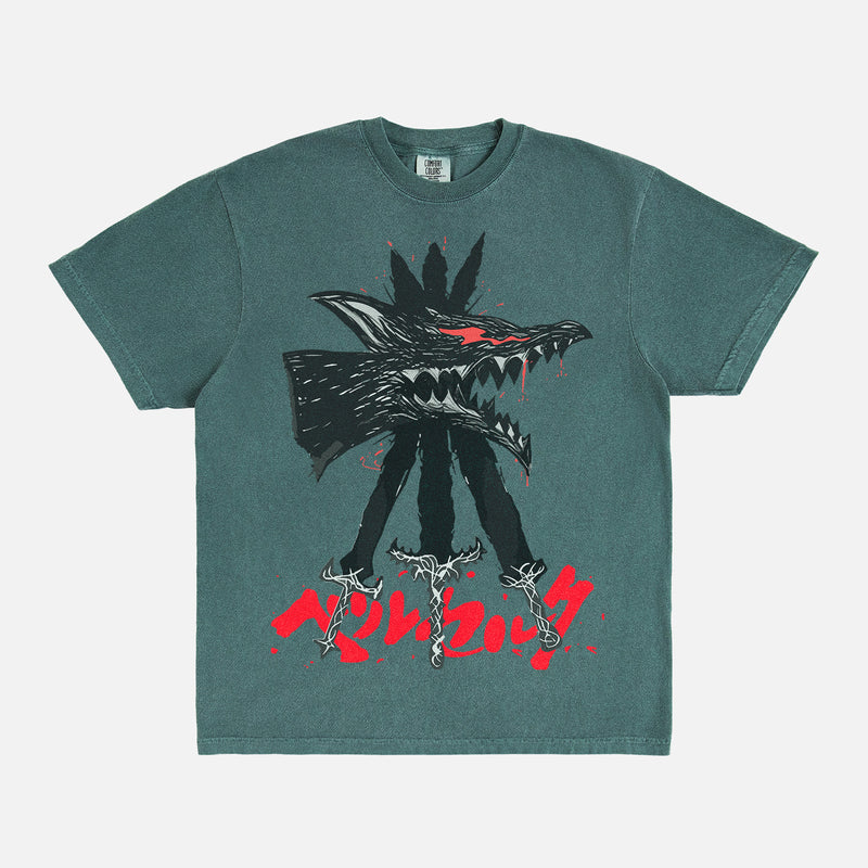 Berserk Beast of Darkness streetwear t-shirt on a faded teal green heavyweight anime graphic tee for men and women for sale at Throwbacks