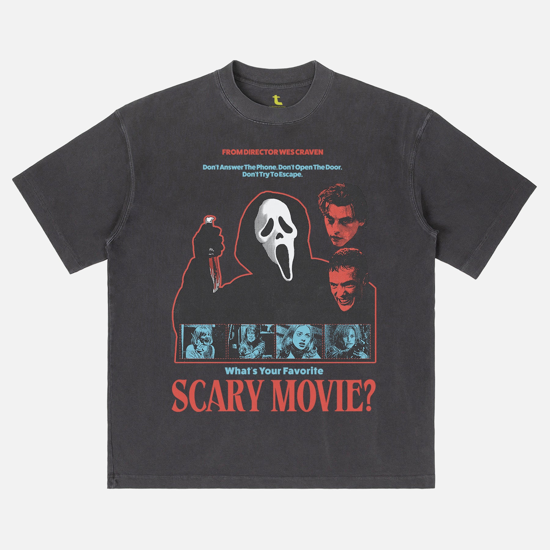 Retro Scream 1996 slasher horror movie graphic t-shirt with bootleg streetwear design on a heavyweight faded black tee