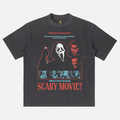 Retro Scream 1996 slasher horror movie graphic t-shirt with bootleg streetwear design on a heavyweight faded black tee