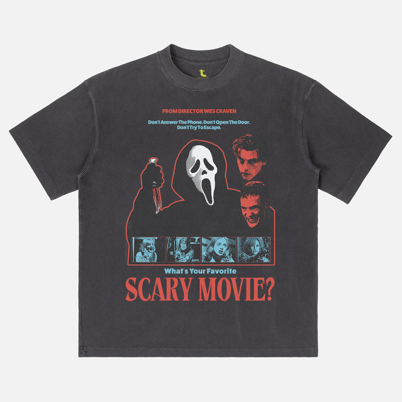 Retro Scream 1996 slasher horror movie graphic t-shirt with bootleg streetwear design on a heavyweight faded black tee