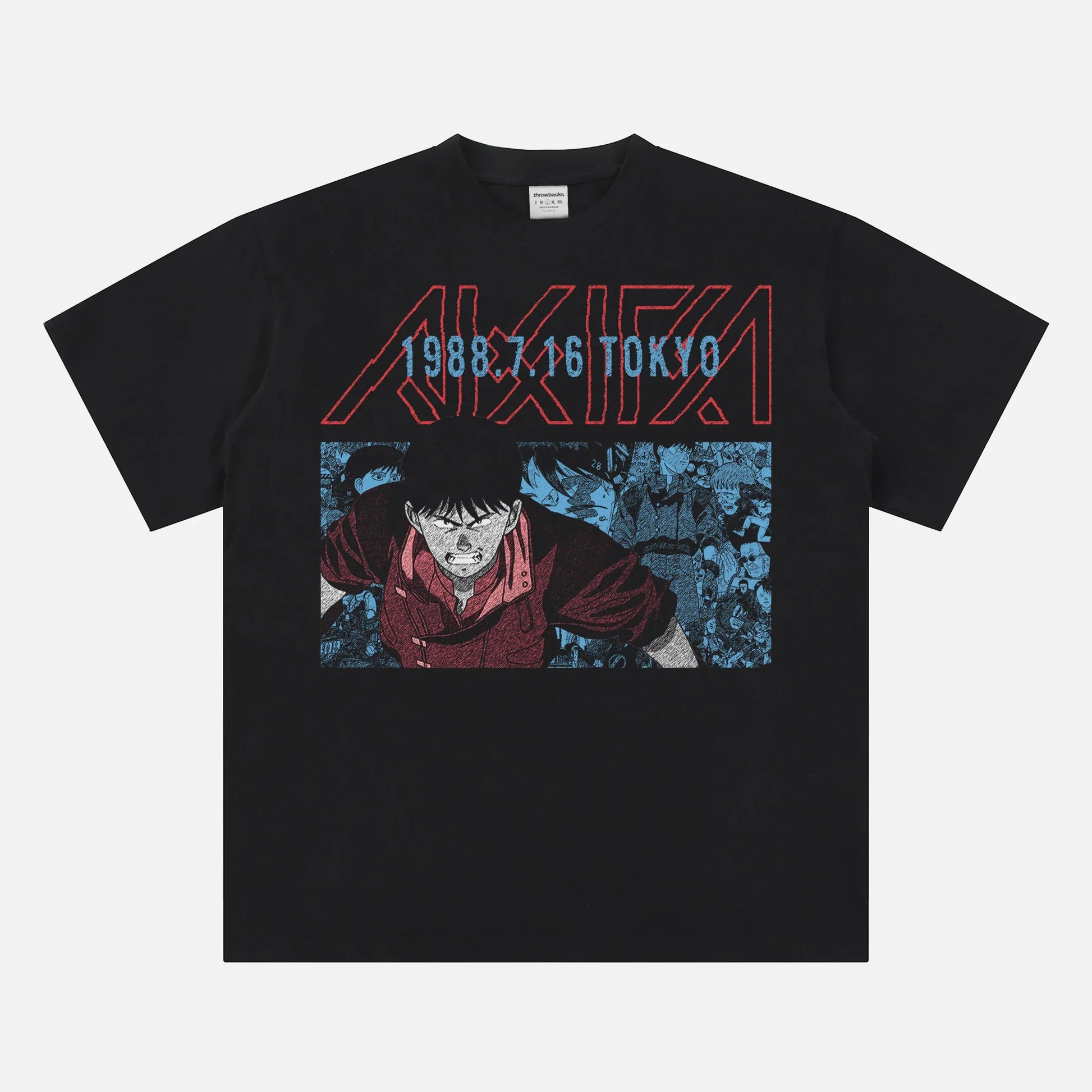 Modern 80s manga anime t-shirt with Neo-Tokyo Akira graphic on a solid black t-shirt