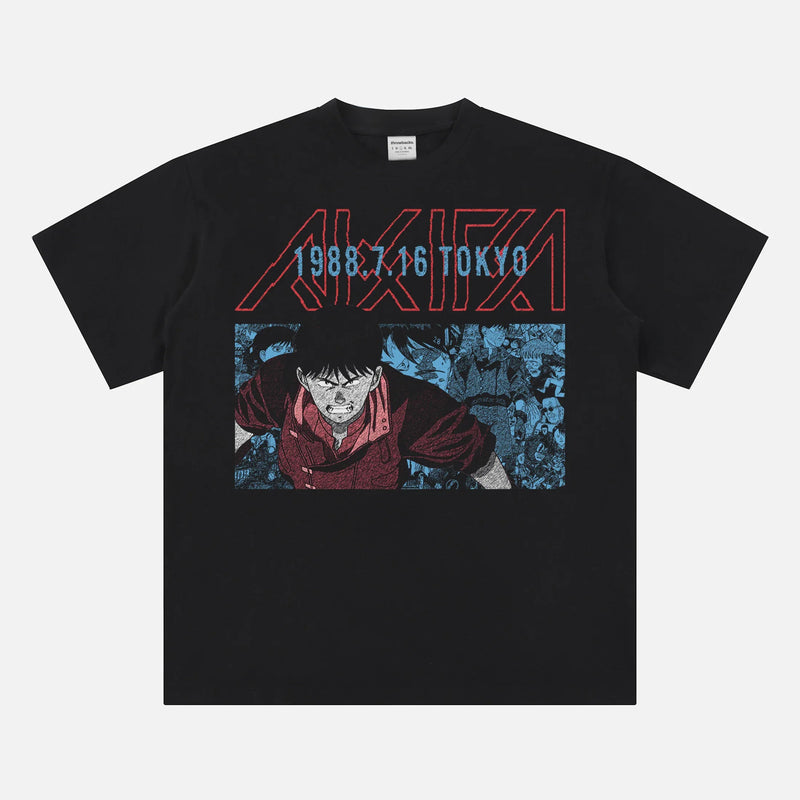 Modern 80s manga anime t-shirt with Neo-Tokyo Akira graphic on a solid black t-shirt