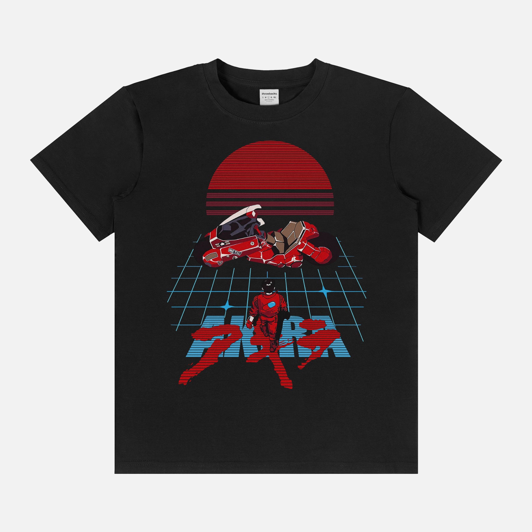 Cool 80's style akira anime streetwear graphic tee with retro motorcycle art on a black t-shirt