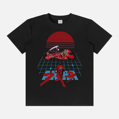 Cool 80's style akira anime streetwear graphic tee with retro motorcycle art on a black t-shirt