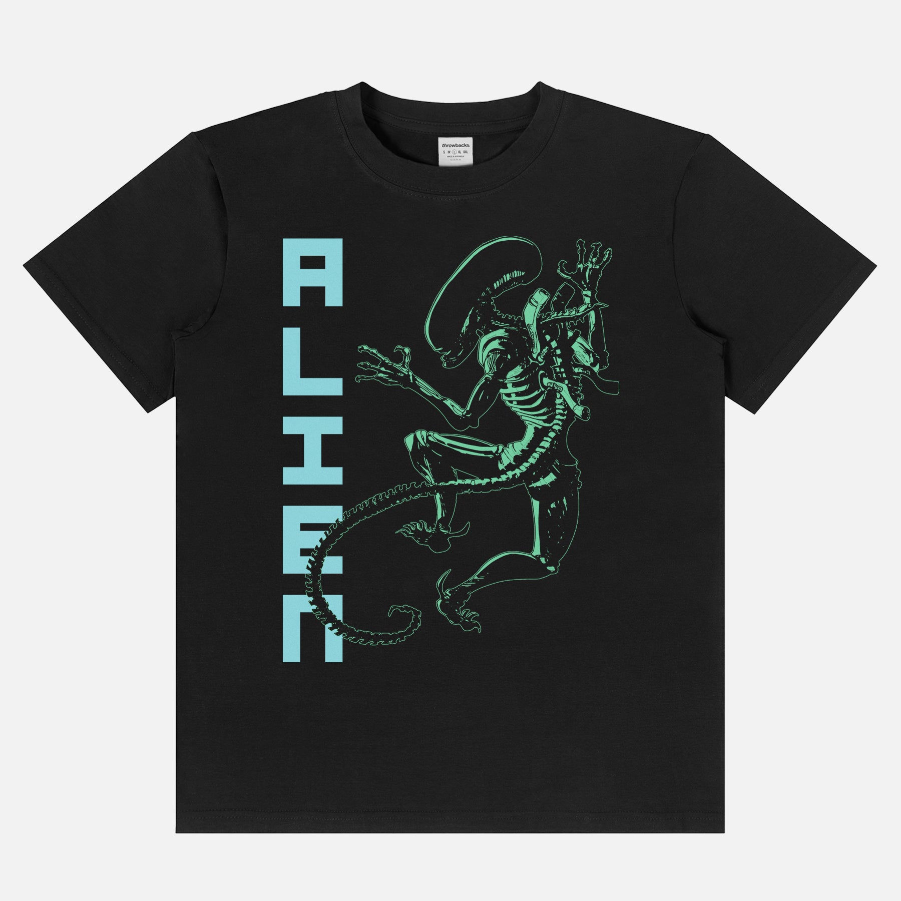 Retro Alien Xenomorporph t-shirt with neon alien graphic and movie poster text on a light weight black t-shirt