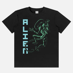 Retro Alien Xenomorporph t-shirt with neon alien graphic and movie poster text on a light weight black t-shirt