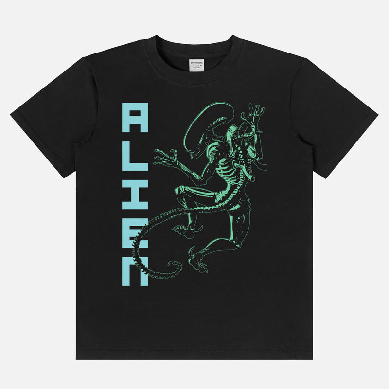 Retro Alien Xenomorporph t-shirt with neon alien graphic and movie poster text on a light weight black t-shirt
