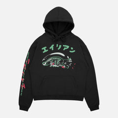 1979 Alien Movie hoodie with sleeve text, black retro sci-fi horror movie hooded sweatshirt with xenomorph and japanese movie poster text