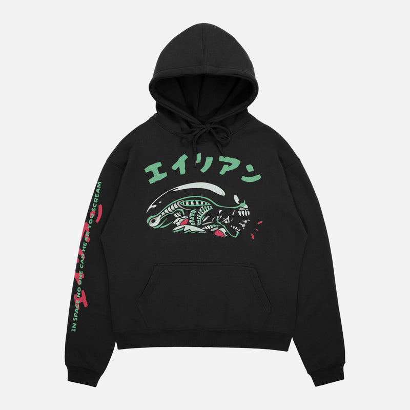 1979 Alien Movie hoodie with sleeve text, black retro sci-fi horror movie hooded sweatshirt with xenomorph and japanese movie poster text