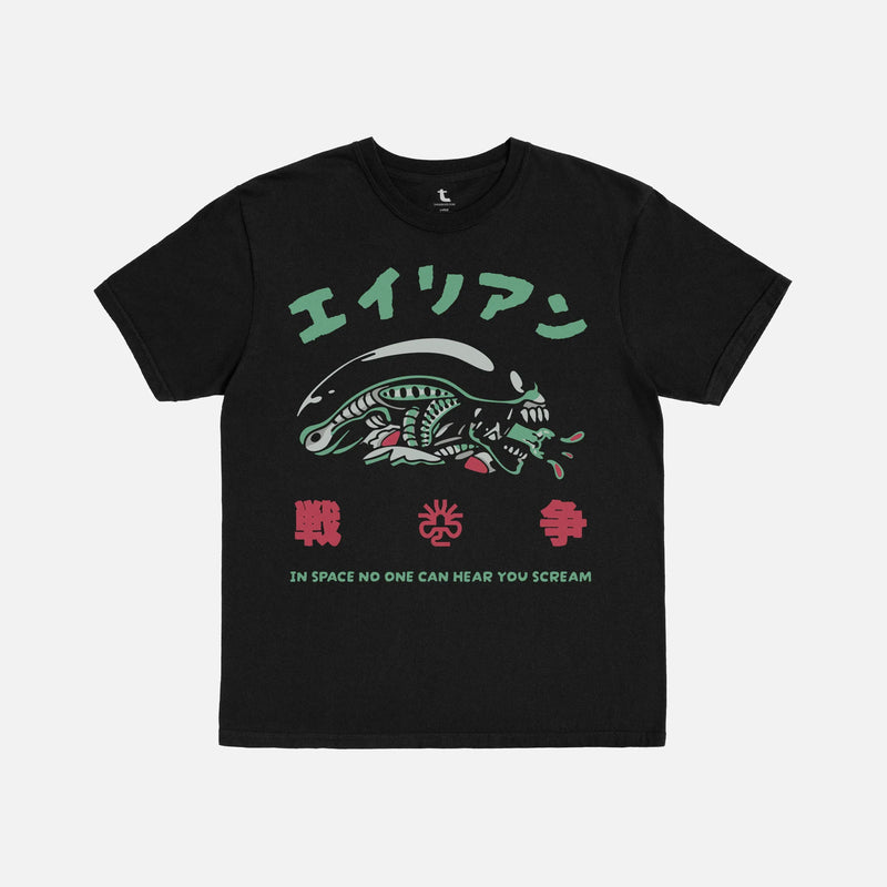 Alien 1979 Japanese movie poster t-shirt on black oversized comfort colors tee