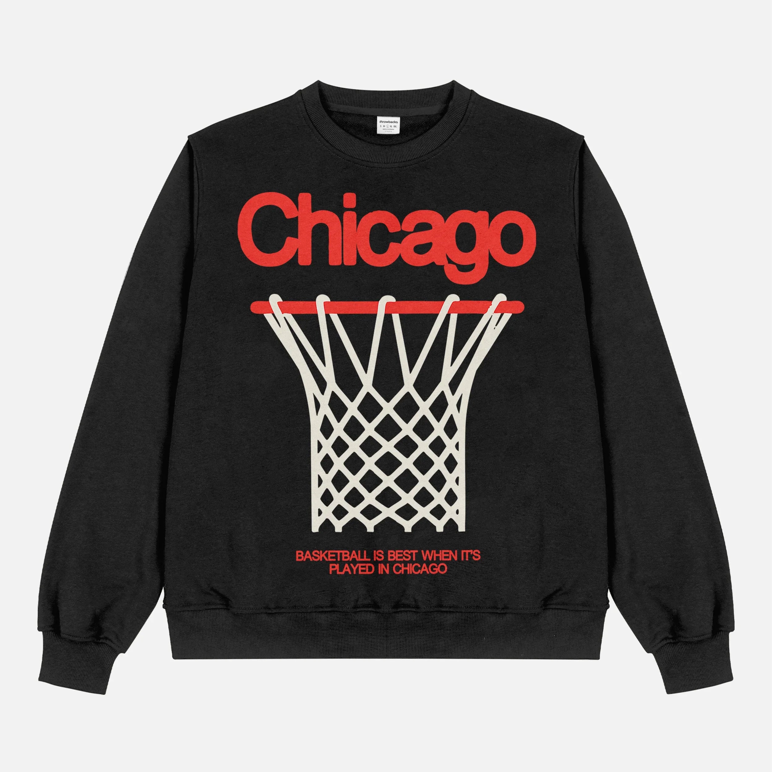 Black Chicago Bulls streetwear sweatshirt with large oversized red and white basketball hoop graphic on a premium heavyweight unisex crewneck for sale at Throwbacks