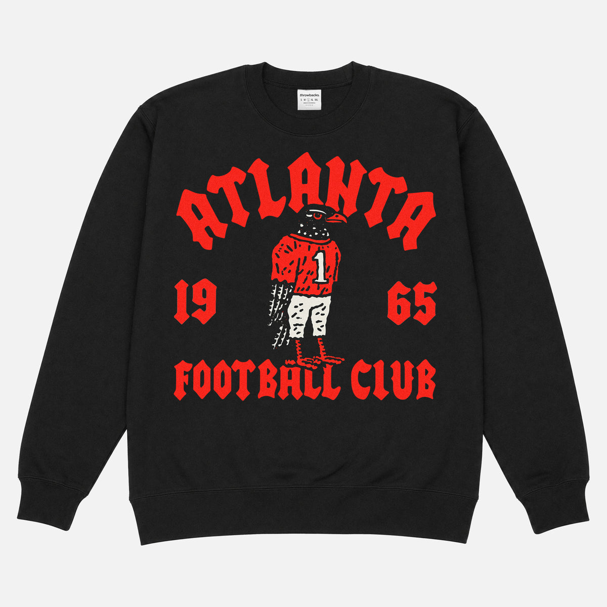 Premium black Atlanta falcons sweatshirt with throwback falcon mascot on a unisex crewneck 