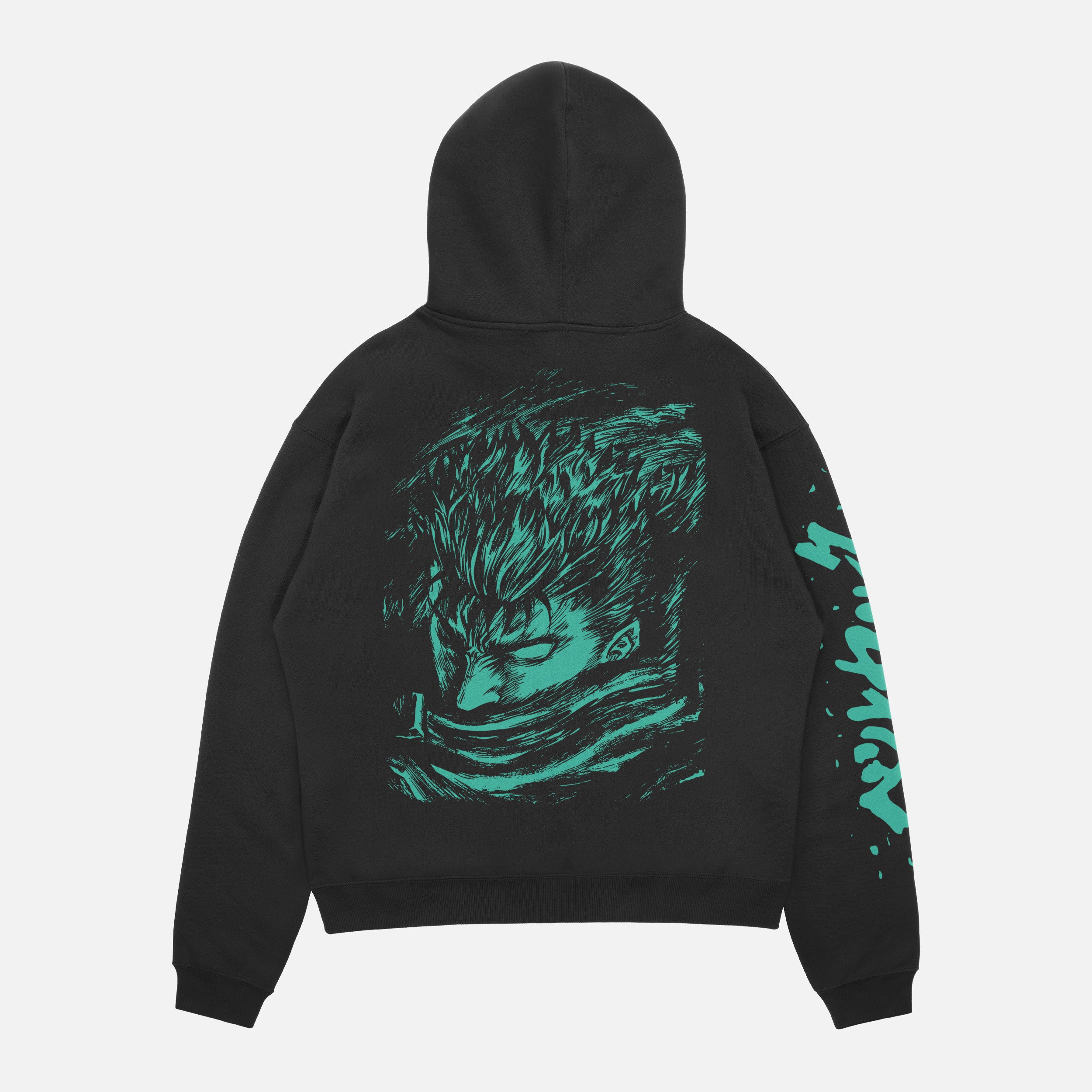 grunge manga Berserk anime streetwear hoodie, black and green Berkserk sweatshirt with front back and sleeve print 