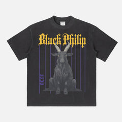 The VVitch movie graphic tee grunge Black Philip the goat streetwear heavyweight distressed faded black A24 horror movie t-shirt