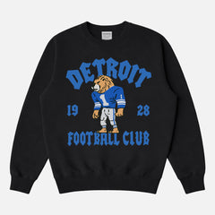 Vintage Detroit Lions football fan sweatshirt with old school mascot graphic and streetwear font on a unisex black 100% cotton crewneck