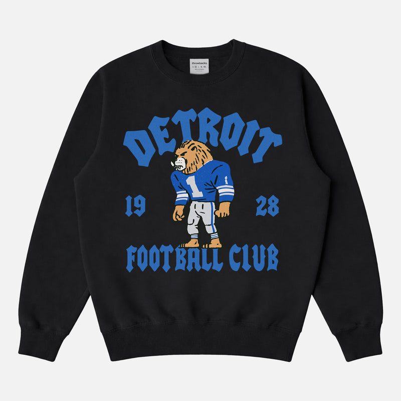 Vintage Detroit Lions football fan sweatshirt with old school mascot graphic and streetwear font on a unisex black 100% cotton crewneck