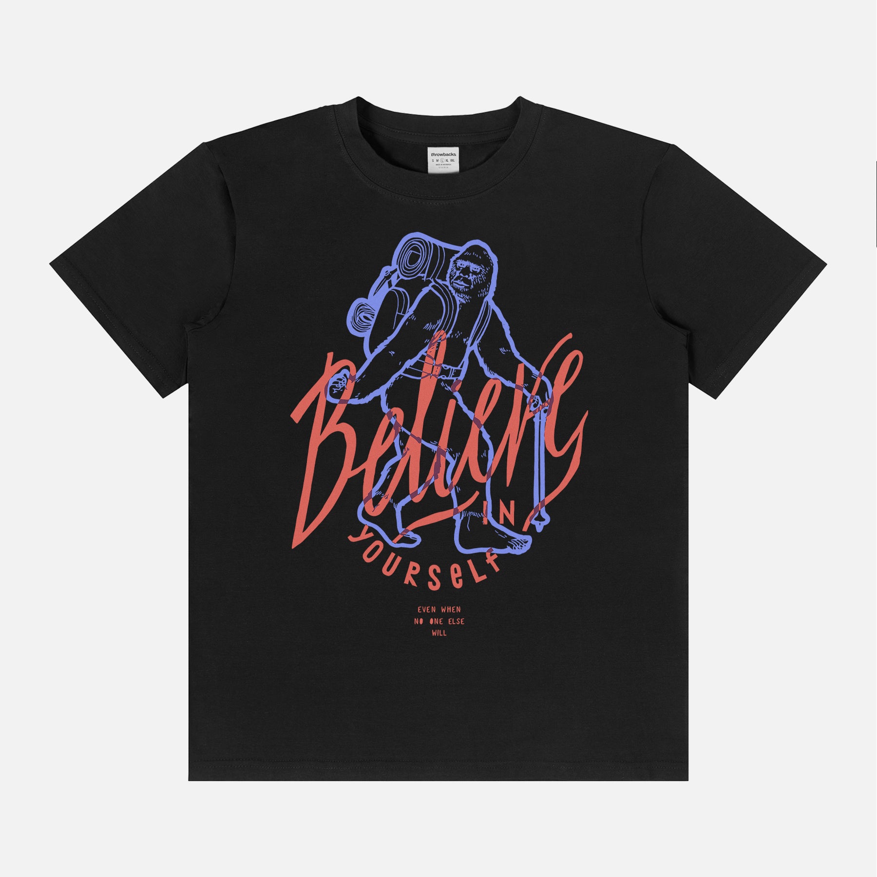 funny sasquatch big foot graphic tee shirt unisex with big foot camping art and Believe In Yourself text