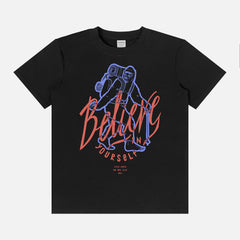 funny sasquatch big foot graphic tee shirt unisex with big foot camping art and Believe In Yourself text