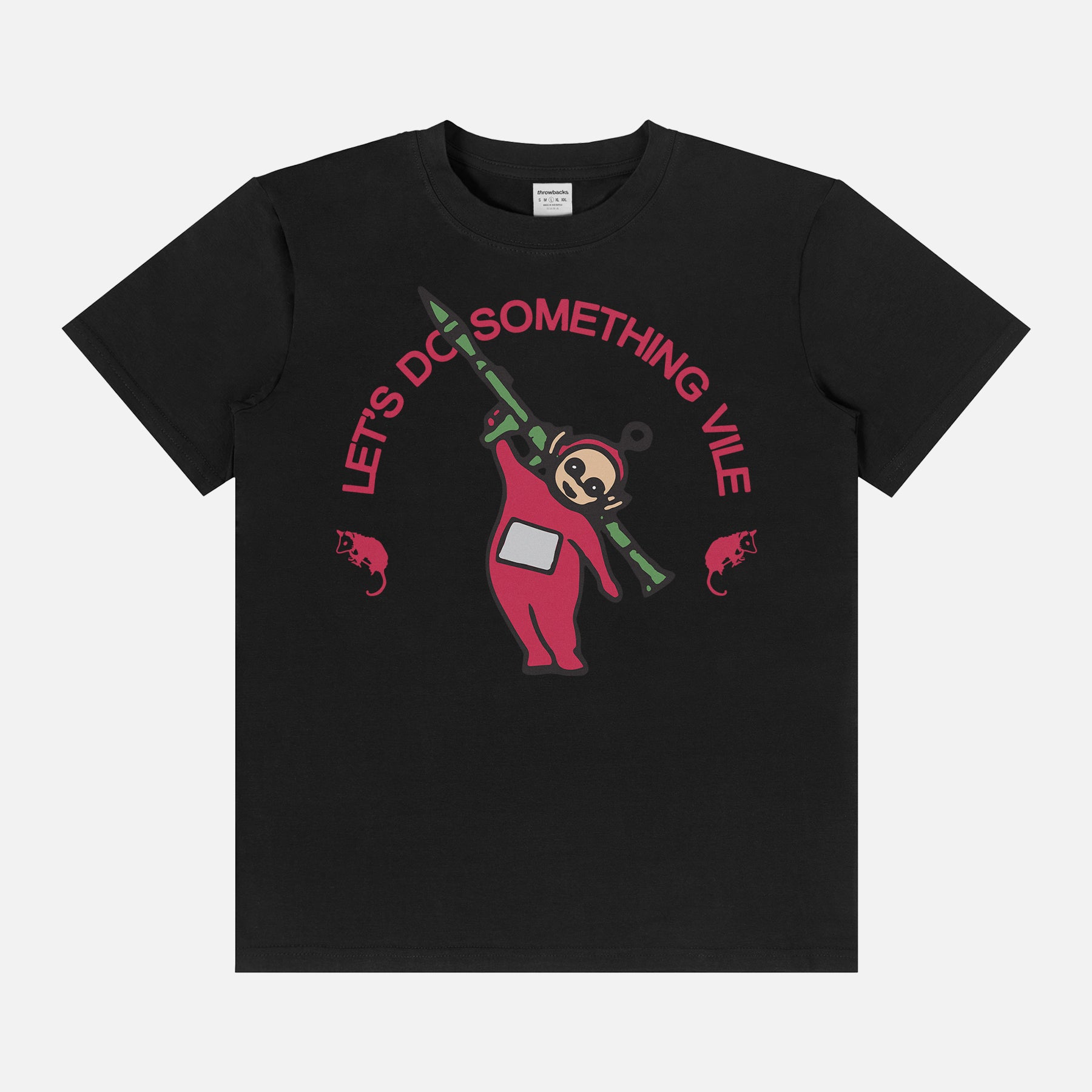 funny weird random Teletubbies graphic t-shirt with Po holding an RPG and text that says Let's Do Something Vile