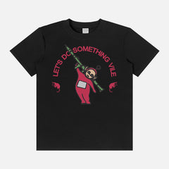 funny weird random Teletubbies graphic t-shirt with Po holding an RPG and text that says Let's Do Something Vile