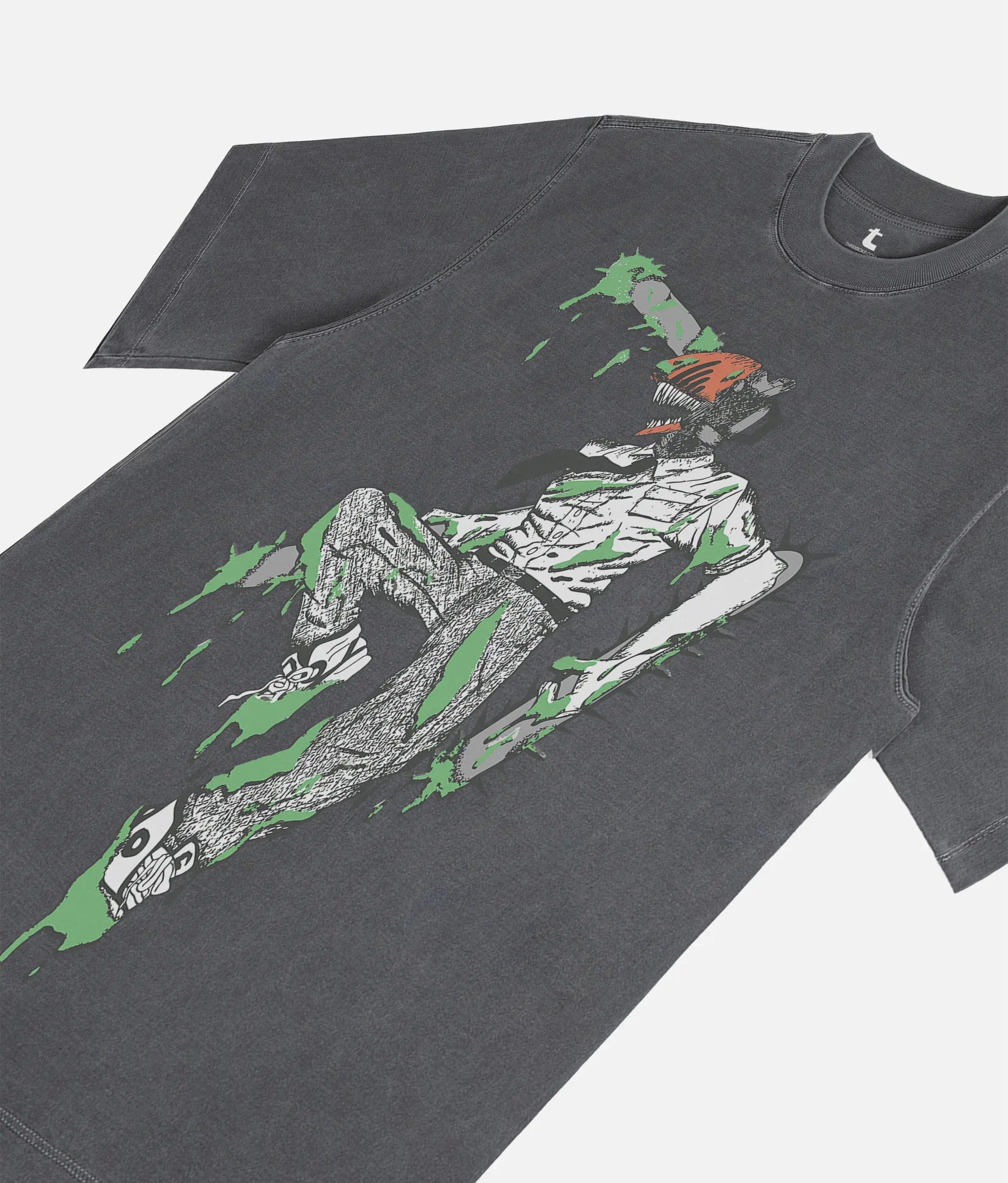 Heavyweight faded black Chainsaw Man graphic t-shirt for anime apparel fans