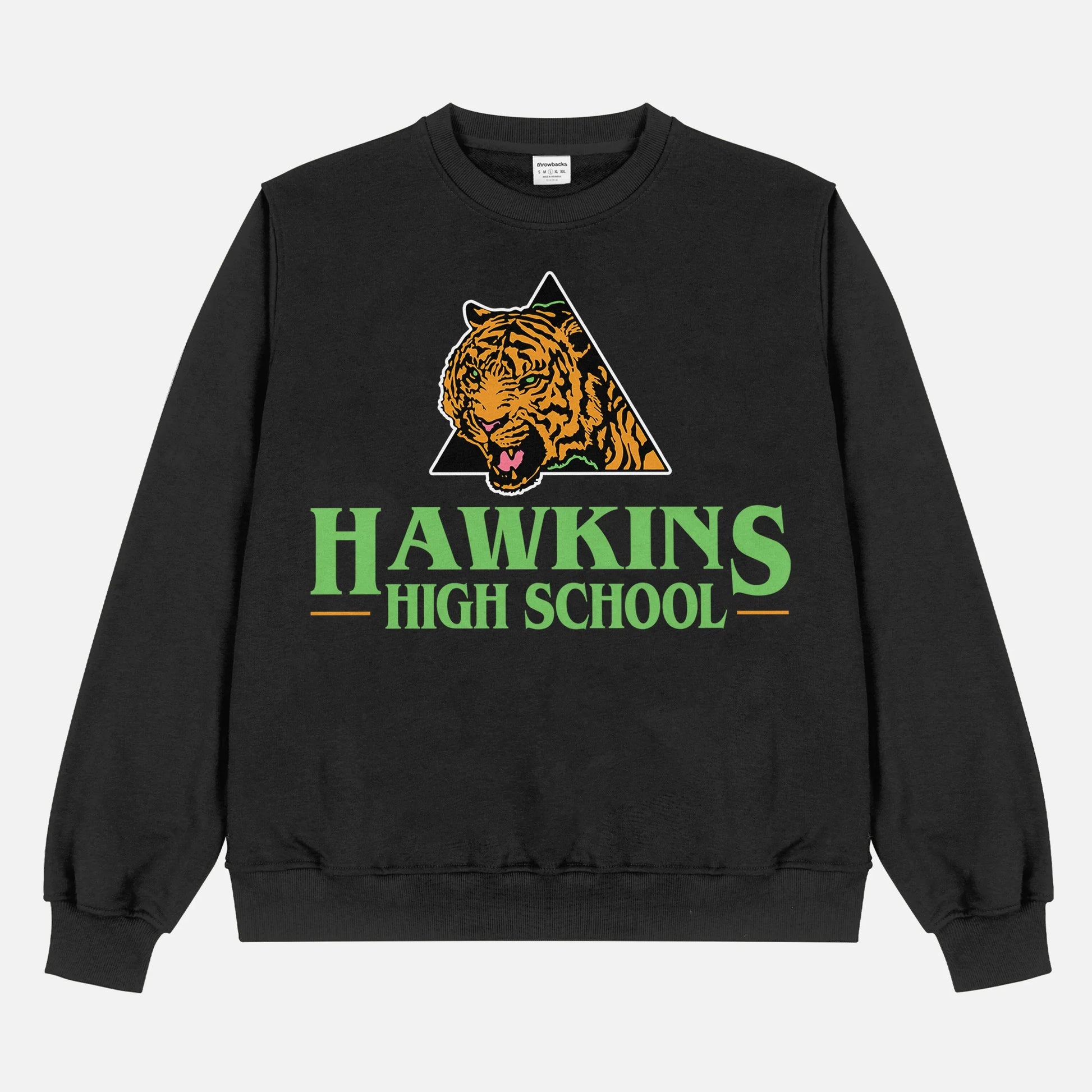Retro black oversized Stranger Things Hawkins High School Tigers sweatshirt, retro basketball athletics Stranger Things crewneck apparel for sale at Throwbacks