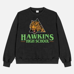 Retro black oversized Stranger Things Hawkins High School Tigers sweatshirt, retro basketball athletics Stranger Things crewneck apparel for sale at Throwbacks