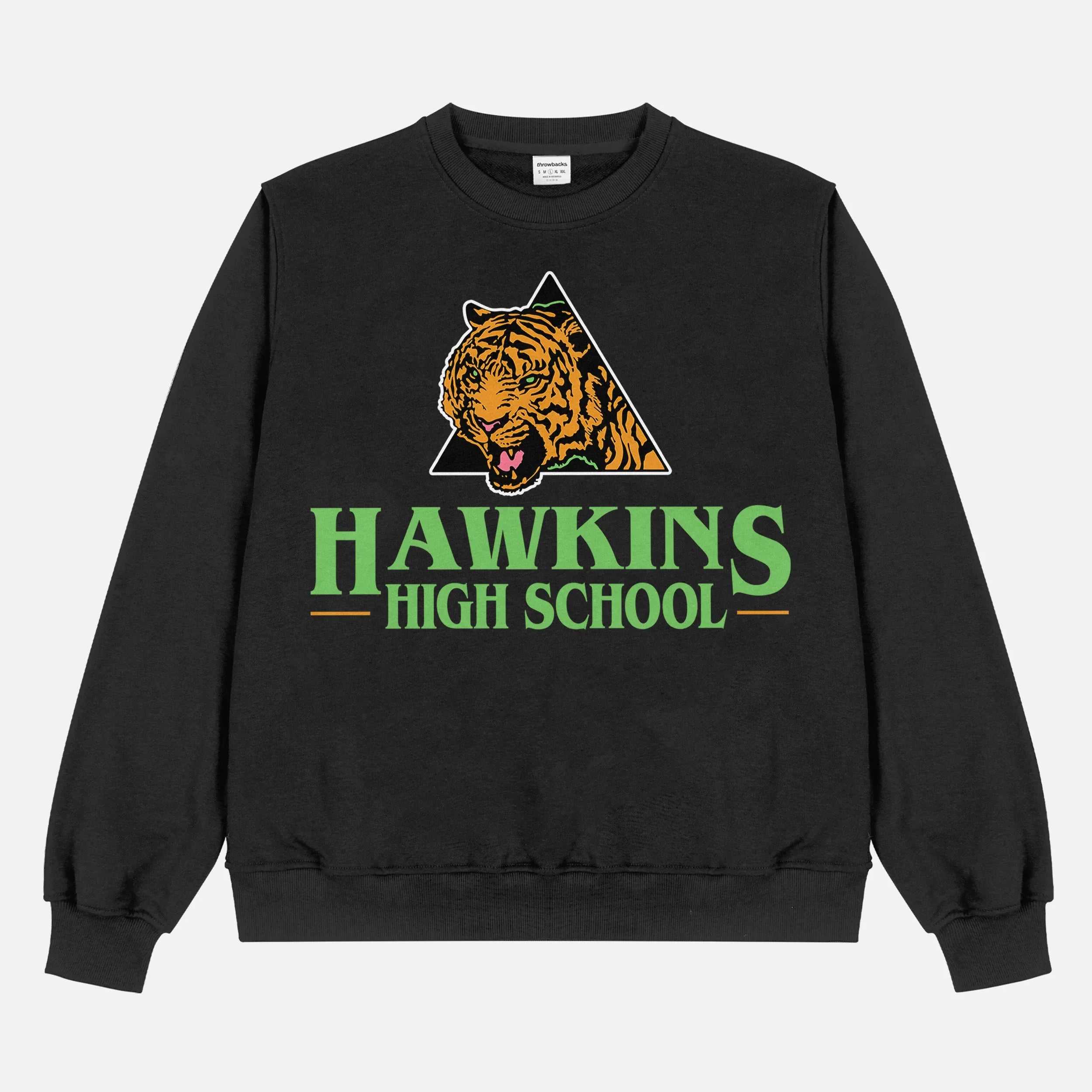 Retro black oversized Stranger Things Hawkins High School Tigers sweatshirt, retro basketball athletics Stranger Things crewneck apparel for sale at Throwbacks