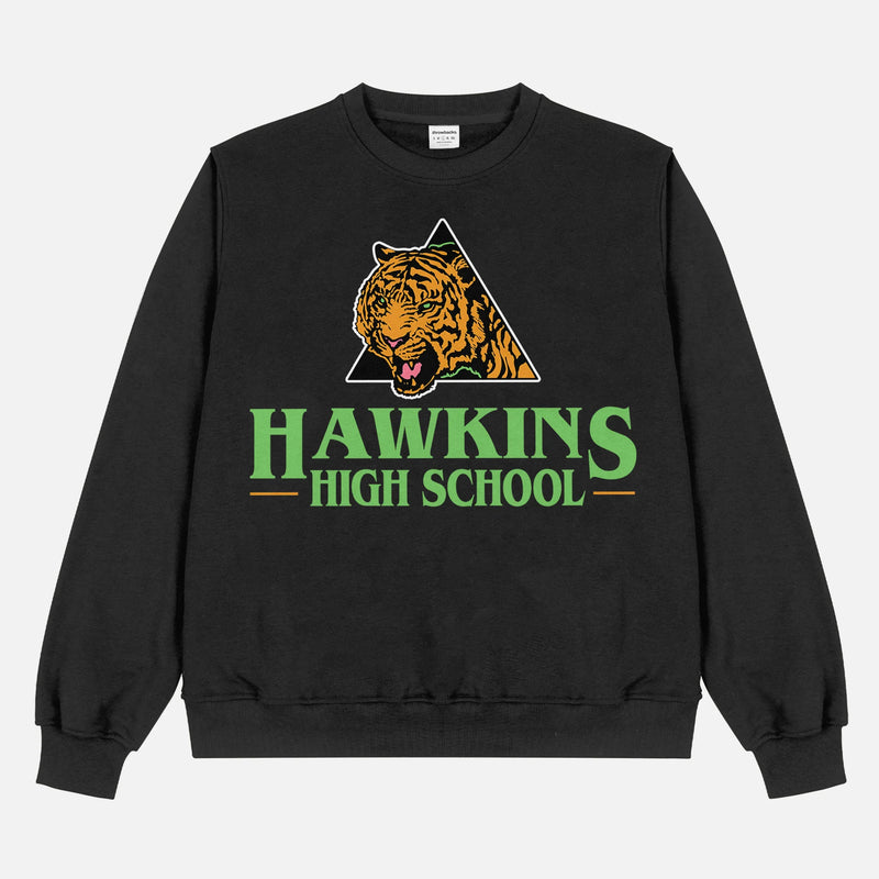 Retro black oversized Stranger Things Hawkins High School Tigers sweatshirt, retro basketball athletics Stranger Things crewneck apparel for sale at Throwbacks