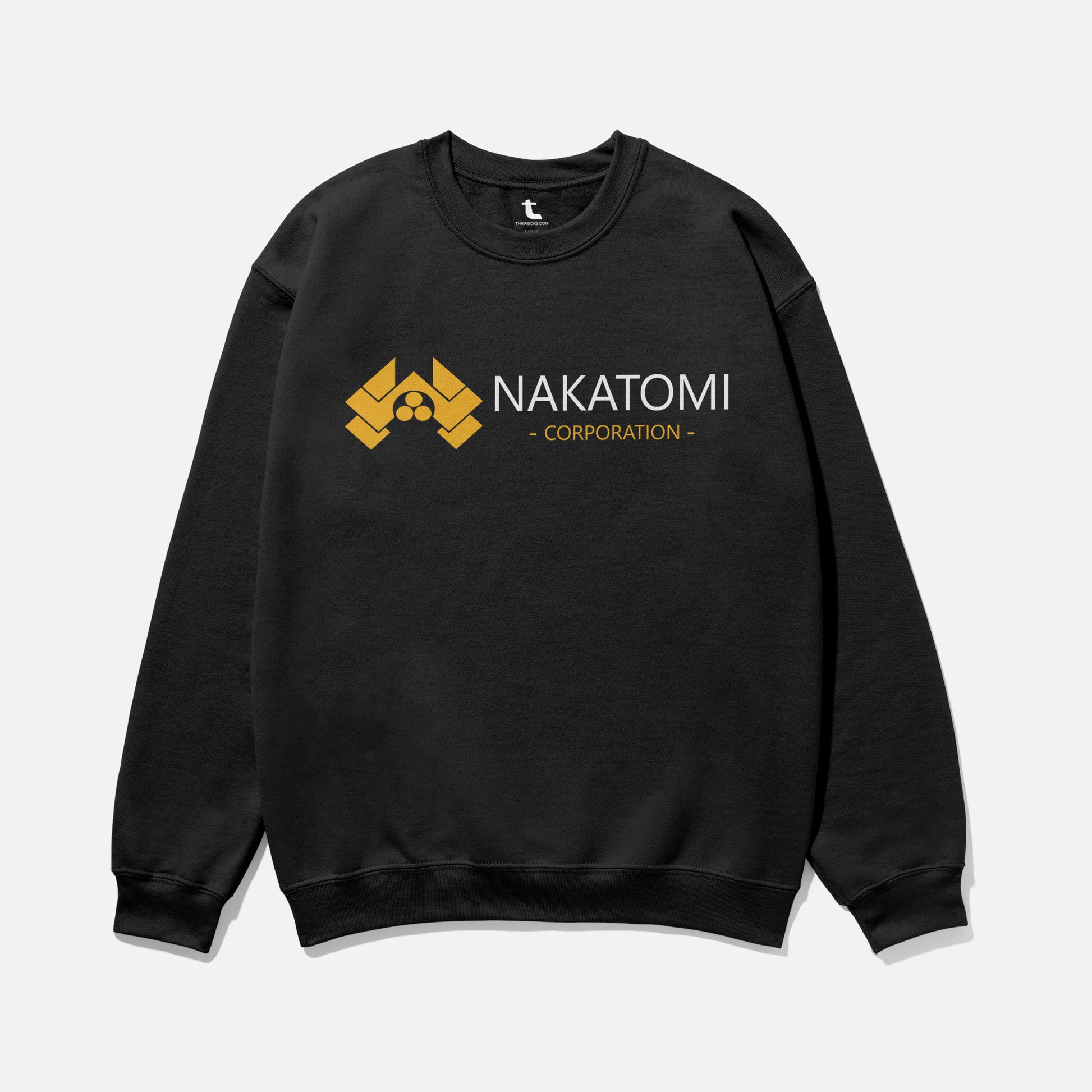 Black retro Die Hard movie sweatshirt with Nakatomi Plaza logo on front and tower and Japanese text on the back, oversized Die Hard movie sweater