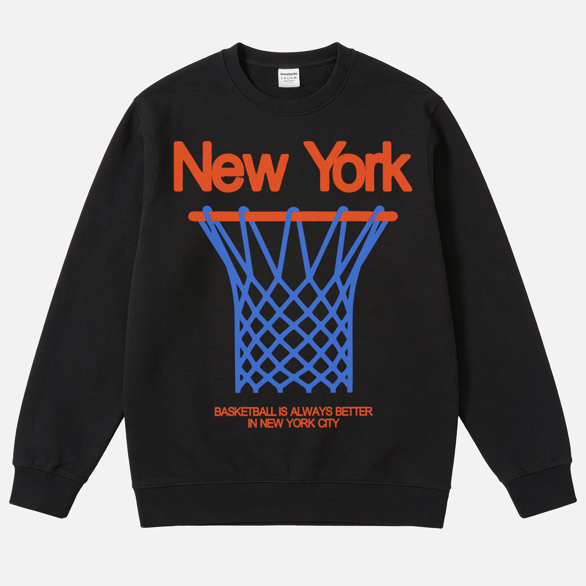 Retro black orange and Blue NY Knicks streetwear heavyweight crewneck sweatshirt with oversized 80's style graphic for men and women