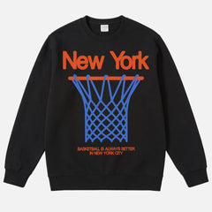 Retro black orange and Blue NY Knicks streetwear heavyweight crewneck sweatshirt with oversized 80's style graphic for men and women