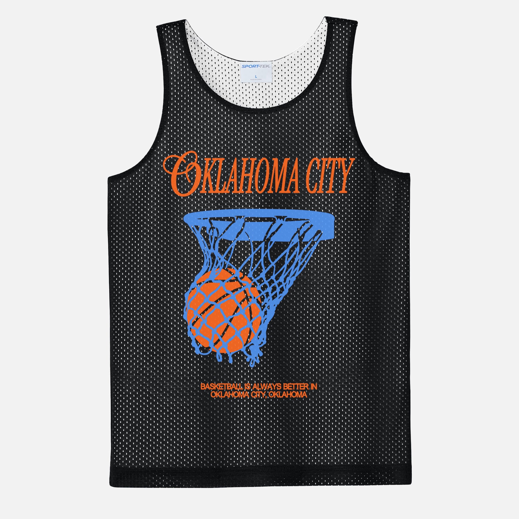 OKC Thunder basketball mesh training jersey with blue and orange streetwear graphic on a reversible unisex black jersey