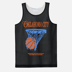 OKC Thunder basketball mesh training jersey with blue and orange streetwear graphic on a reversible unisex black jersey