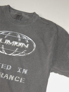 Macrodata Refinement Team at Lumon streetwear-style graphic tee featuring a custom chrome logo . Severance Apple TV Show t-shirt Printed on a faded black unsiex t-shirt 