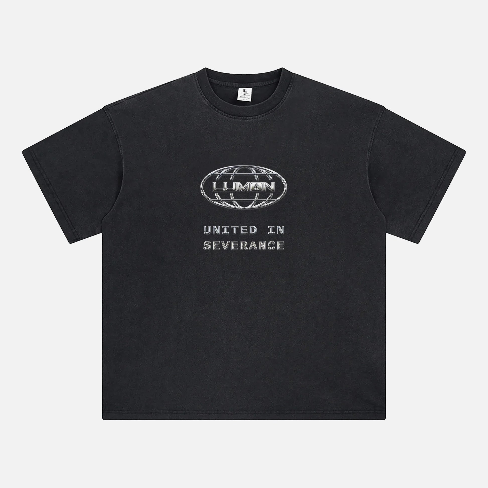 Macrodata Refinement Team at Lumon streetwear-style graphic tee featuring a custom chrome logo . Severance Apple TV Show t-shirt Printed on a faded black unsiex t-shirt 