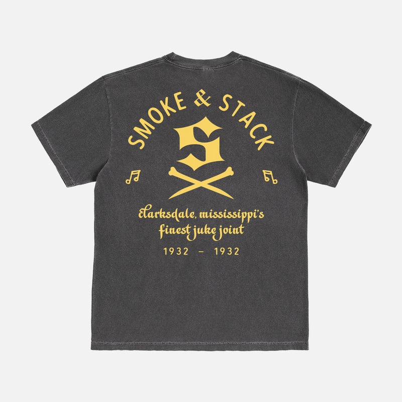 Faded black Sinners movie graphic tee, Ryan Coogler vampire horror movie Smoke & Stack Juke Joint  t-shirt with front and back print