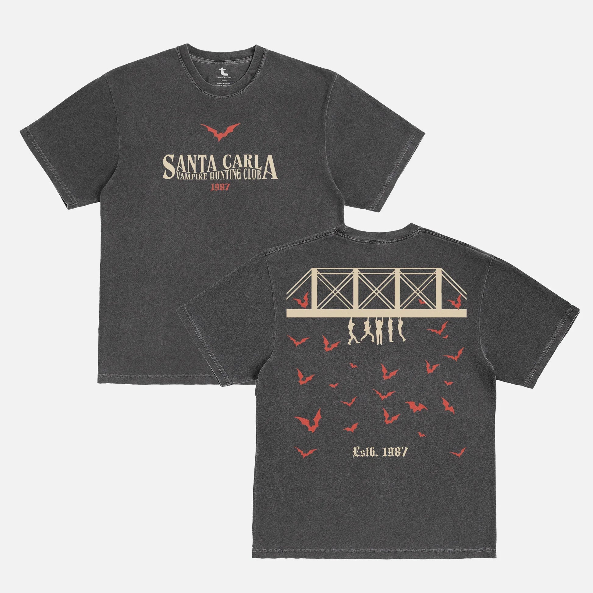 The Lost Boys 1987 faded black graphic t-shirt, retro Santa Carla Vampire Hunting Club graphic tee shirt with front and back print