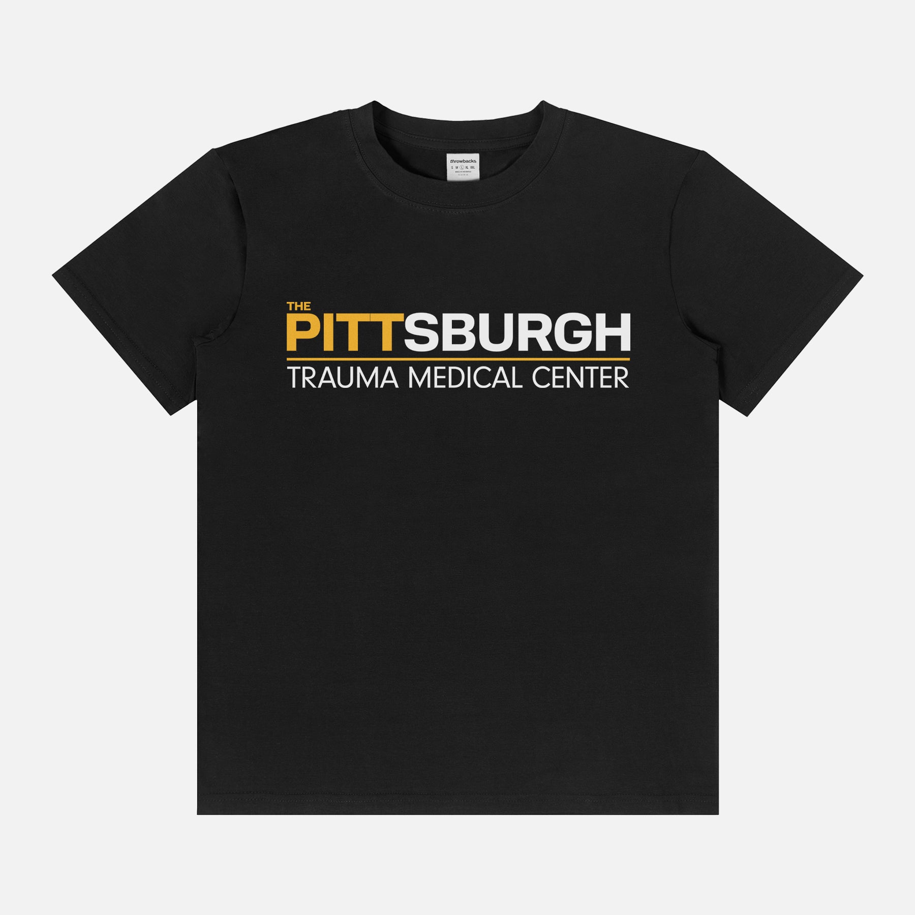 The Pitt TV show graphic tee with Pittsburgh Trauma Medical Center Logo on a unisex black t-shirt