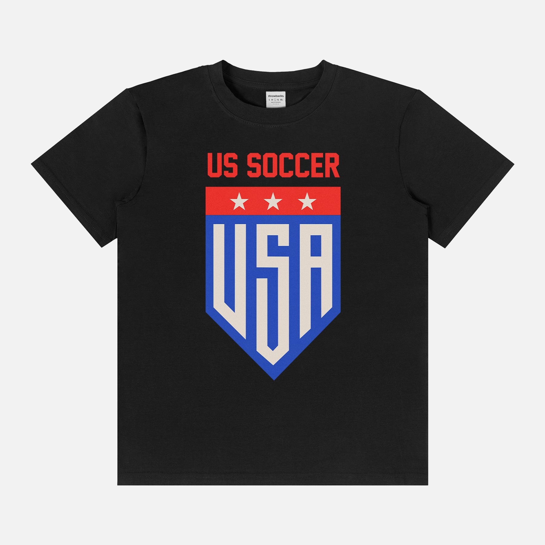  USMNT USWNT soccer team graphic t-shirt for world cup fans with cool modern retro USA soccer team badge logo on a unisex black cotton tee