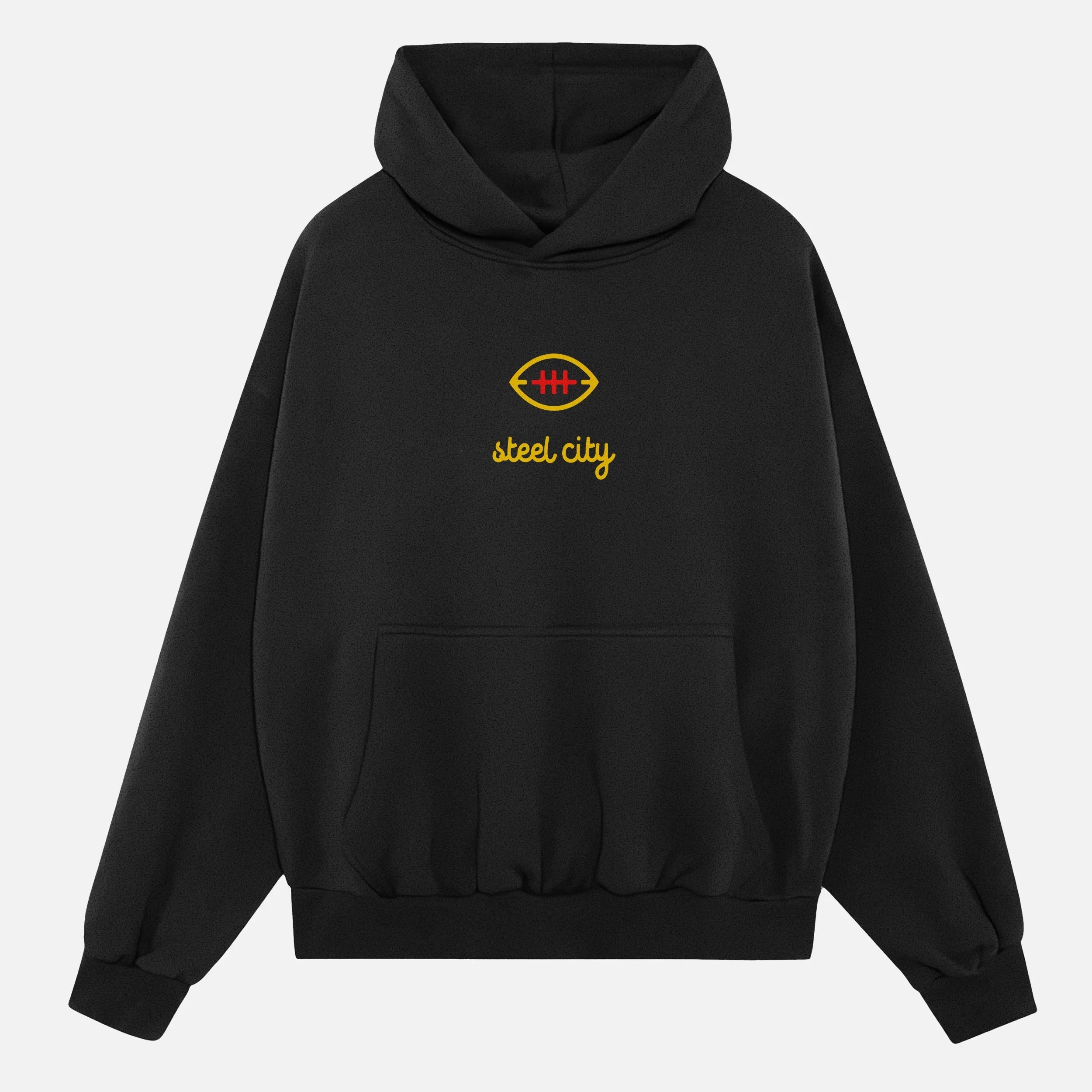 Unisex black Pittsburgh Steelers hoodie, streetwear football hooded sweatshirt with red and yellow steel city logo