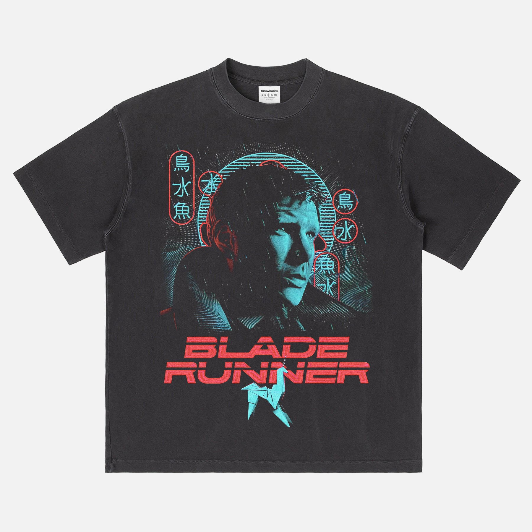 1982 Original Blade Runner movie streetwear graphic t-shirt with retro neon movie poster art on a heavyweight faded black tee for sale at Throwbacks