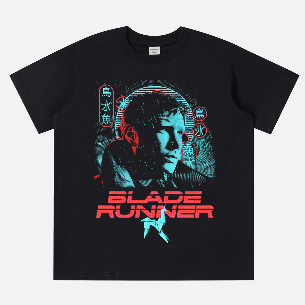 1982 Original Blade Runner movie streetwear graphic t-shirt with retro neon movie poster art on a heavyweight faded black tee for sale at Throwbacks